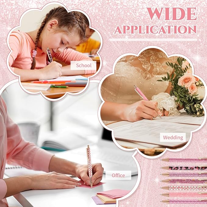 Sherr 7 Pcs Fancy Pens for Women Cute Sparkly Glitter Pens with 10 Pcs Black Ink Refills Pretty Gifts for Girls Office School Christmas Graduation(Pink,Cute)