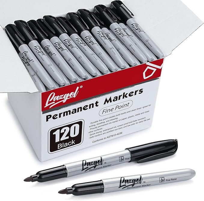 Permanent Markers Bulk, LAZGOL120 Pack Fine Tip Black Permanent Markers, Waterproof Markers, Premium Smear Proof Pens, Quick Drying, Office Supplies for School, Office, Home