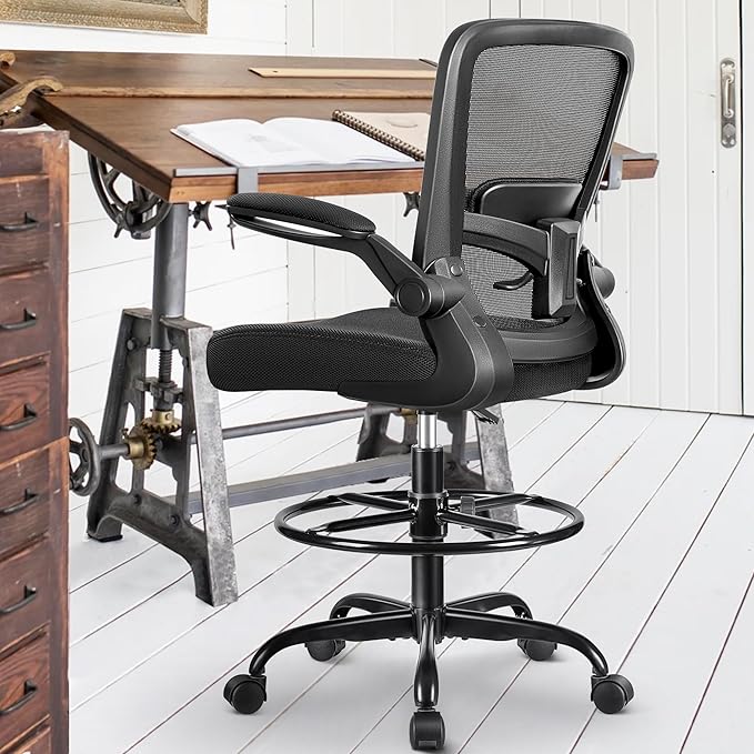 FelixKing Drafting Chair Ergonomic Tall Office Chair, Breathable Mesh Chair with Adjustable Footrest Ring Lumbar Support Flip-up Armrests, High Back Executive Comfy Task Computer Chair for Home Office