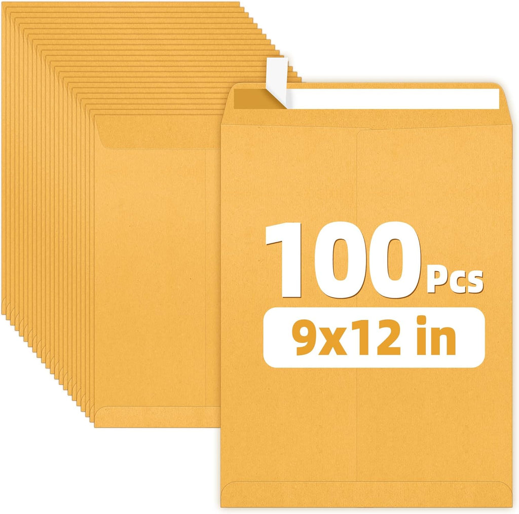 SUNEE 9x12 Envelopes Self-Seal Catalog Mailing Envelopes -100 Count, Ultra Strong Quick-Seal, 9x12 inch Brown Kraft Manila Envelopes Security Envelopes