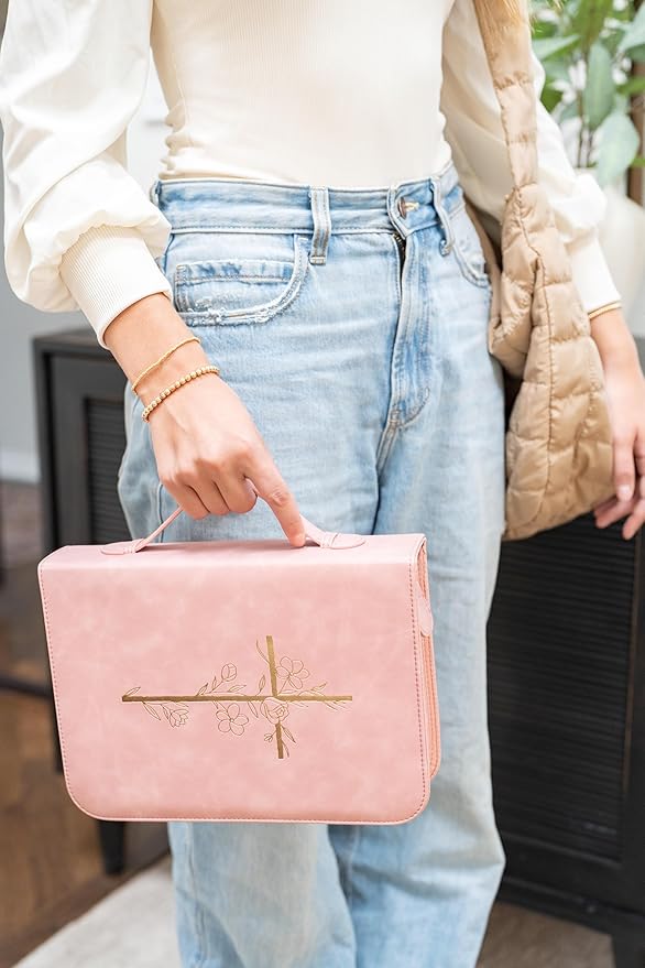Pink Bible Cover Case for Women - PU Leather Bible Covers for Women - Pink Bible Case for Girls - Minimalist Design Debossed Bible Case, Large Bible Covers for Women – Bible Accessories (Pink/Gold)