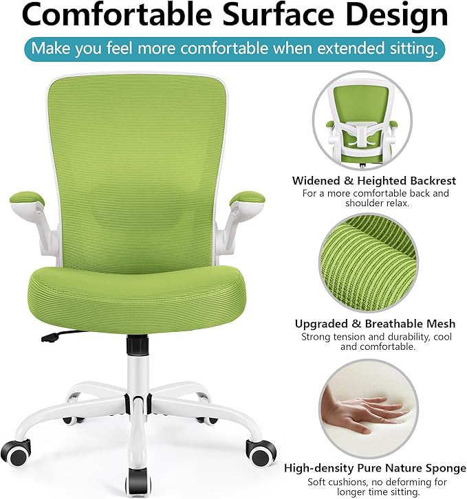 Office Chair, FelixKing Ergonomic Desk Chair Breathable Mesh Chair with Adjustable High Back Lumbar Support Flip-up Armrests, Executive Rolling Swivel Comfy Task Computer Chair for Home Office (Green)