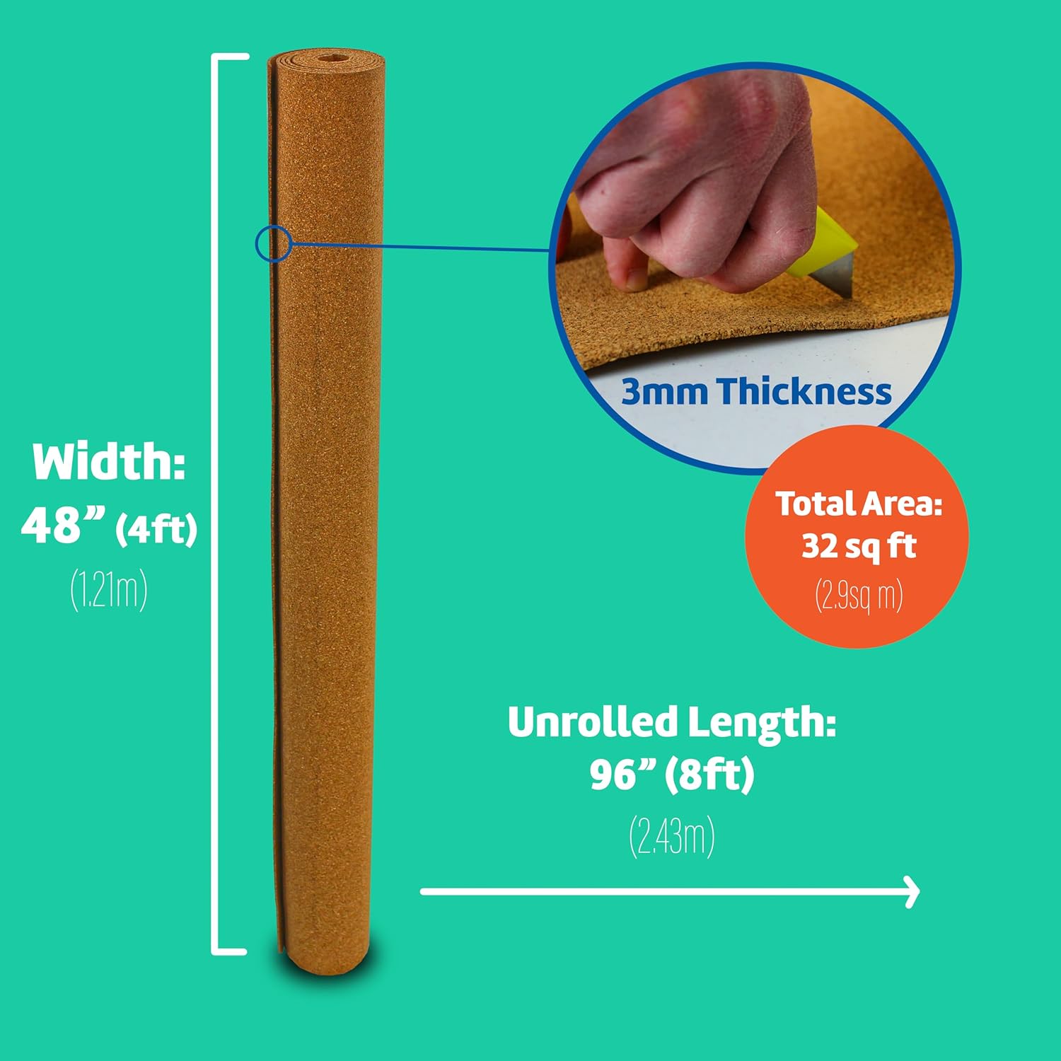 Flipside Products Cork Roll 4' x 8' x 3MM - DIY Bulletin Board, Wall Accent, Décor, Soundproofing, Cork Board Roll, Push Pin Display, Home, School, Office - Environmentally Friendly, Self-Healing