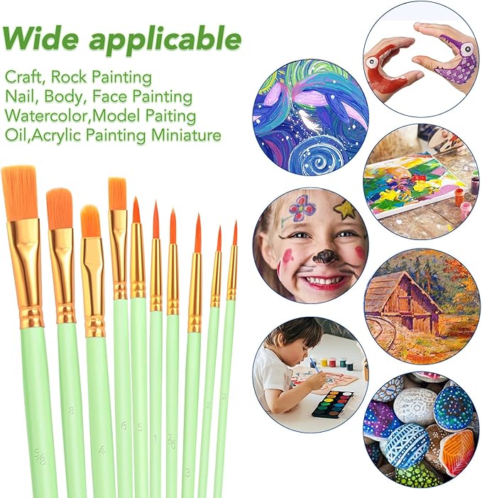 ESRICH Paint Brushes Set,8 Packs 80 Pcs Acrylic Paint Brush Set,St. Patrick's Party Acrylic Oil Watercolor, Face Nail Art, Miniature Detailing,Rock Painting,Painting Artist Professional Kits(Green) ﻿