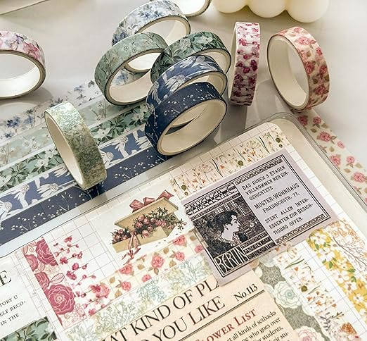 YUBX Flowers Washi Tape Set 30 Rolls Floral Patterns Decorative Skinny Slim Masking Tapes for Arts, DIY Crafts, Journals, Planners, Scrapbook, Wrapping (Greens Thrive)