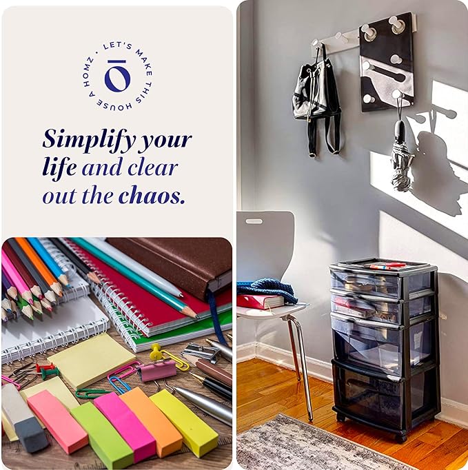 HOMZ 2-Pack 4-Drawer Plastic Storage Cart, Home & Office Organizer, Black-Clear