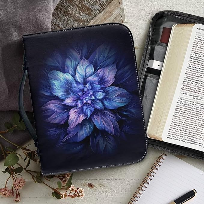 Lotusorchid Boho Lotus Printed Bible Cover for Women, God is within Her, She Will Not Fall, Leather Book Case Church Bible Protective with Handle, Lightweight Bible Carrying Case