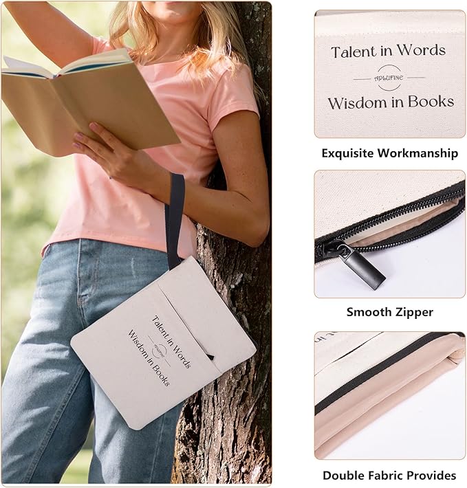 Book Sleeve for Book Lovers - Book Covers with Zipper Pockets - Canvas Book Protector for Paperbacks, Softcover - Washablle Book Pouch - Book Carrying Case - Book Carrier- Book Gift