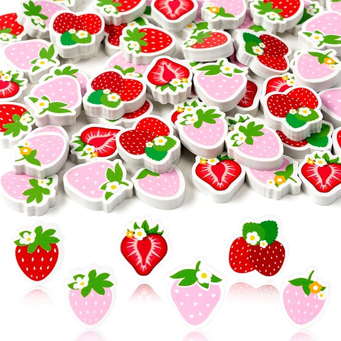 CJiangpo 60Pcs Strawberry Mini Eraser for Kids Bulk - Cute Fruit Pencil Rubber Eraser Birthday Party Favors Filler Back to School Classroom Prizes Gifts