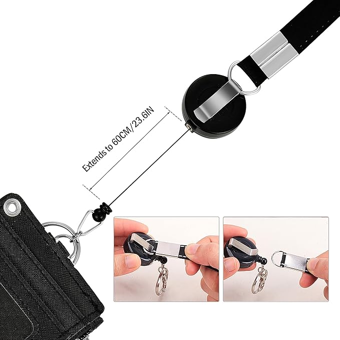 Cute ID Badge Holder Retractable Lanyard Reel Clip with Heavy Duty Carabiner,5Card Slots in 2 Sided with Key Ring and Zipper for Women Students Teens Girls Office Staff (Black White Bear)