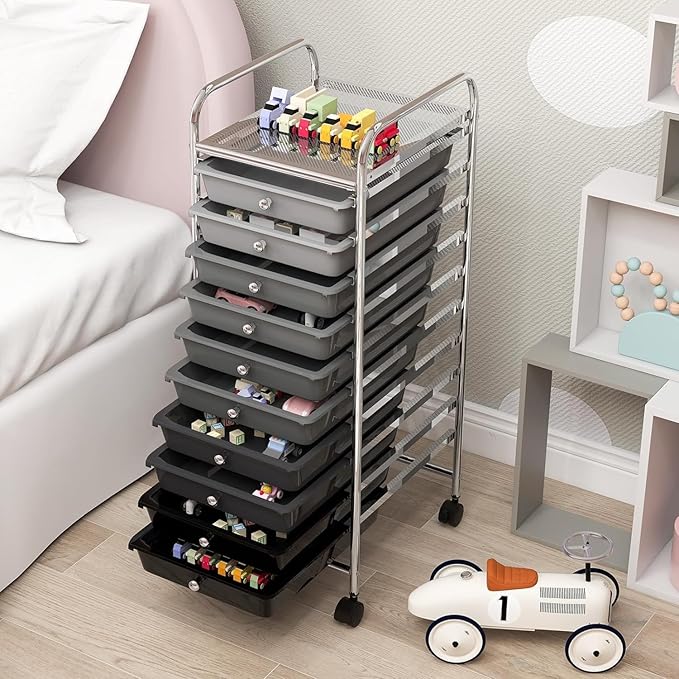Storage Cart, Rolling Utility Cart with 10 Drawers, Portable Handles & Lockable Wheels, Mobile Paper Toys Storage Organizer Large Capacity for Home Office School Teacher (Gradient Black)