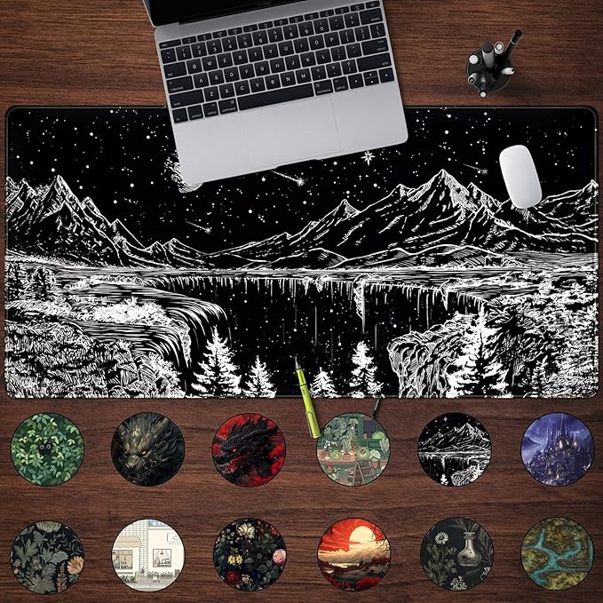 Black and White Desk Mat Dark Nature Forest Mouse pad XXL Starry Night Mountain Desk pad Aesthetic Moon and Stars Mousepad XXL for Laptop Computer Mouse Gaming Keyboard Mat, 31.5 X 15.8 in
