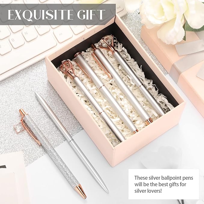 6 Pcs Ballpoint Pens Set Metal Crystal Diamond Pen for Journaling Glitter Pretty Cute Stationery Black Ink Fancy Gifts for Women Girls Teacher Office Wedding School Supplies(Silver)