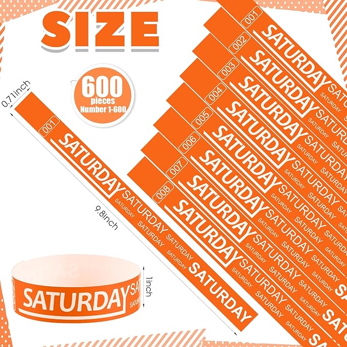 Henoyso 600 Pcs Saturday Paper Wristbands Event Wristbands Paper Bracelets Wristbands Numbered Waterproof Party Wristbands for Events Day of The Week(Orange)