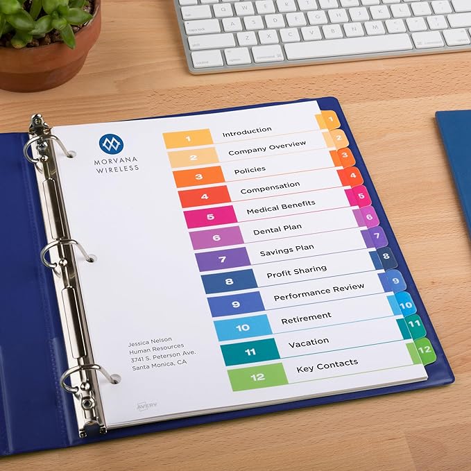 Avery 12 Tab Dividers for 3 Ring Binders, Customizable Table of Contents, Multicolor Tabs, 1 Set (11141)