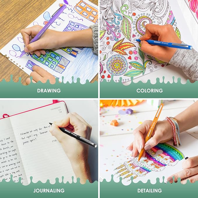 TWOHANDS Felt Tip Pens Fine Point, Assorted Colors Fineliners, Medium Point 0.7 Millimeter Markers for Coloring, Journaling, Note Taking, 22004