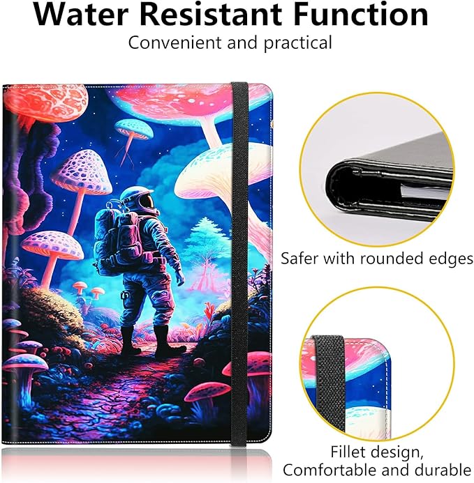 PU Leather Padfolio Folder Clipboard Portfolios Organizer Conference Document Organizer with Business Card Holder Storage Clipboard Writing Pad,Astronaut Under Mushroom