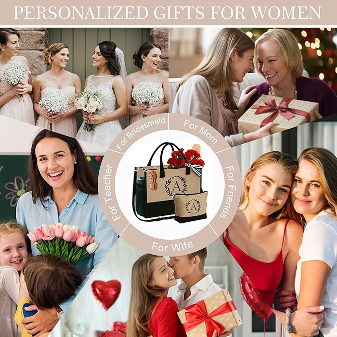 YOOLIFE Christmas Gifts for Women - Initial Tote Bag & Makeup Bag, Birthday Gifts for Women Mom Teacher Friend Christmas Gift