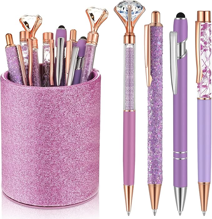 Sabary 8 Pcs Ballpoint Pens with Pen Holder for Desk Glitter Crystal Diamond Fancy Pencil Holder Bling Desk Organizer Cute Office Supplies for Women Girls Valentines Birthday Gifts(Purple)