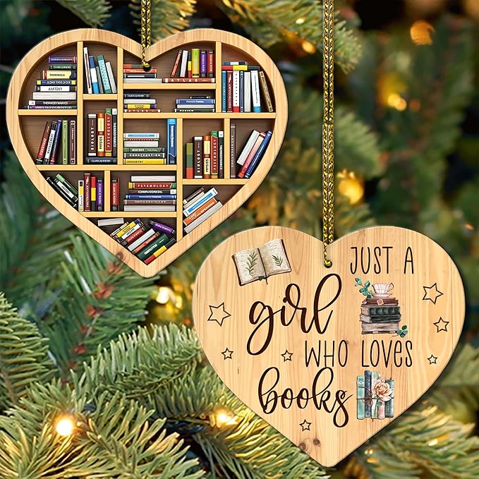 HYTURTLE 2D Flat Printed Book Gifts for Book Lovers - Book Christmas Wooden Ornament Tree Decoration - Book Lover Librarian Gifts - Book Gifts for Girls Women - Book 2-Sided Keepsake Wood Ornament