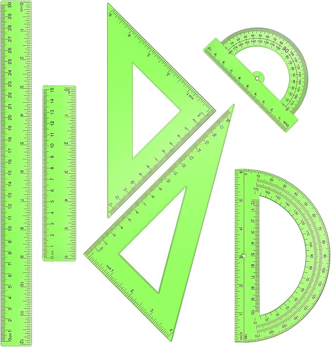 Tenare 6 Pcs Plastic Ruler Math Set Includes 12 Inch 6 Inch Straight Ruler Protractor Triangle Rulers Geometry Transparent Math Ruler Measuring Tools for School Office Home(Green)