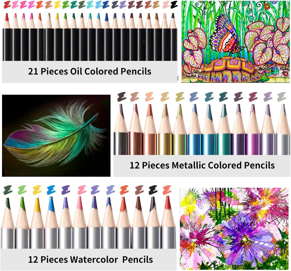 PRINA 81 Drawing Set Sketching Kit, Pro Sketch Pencils Art Supplies with Rainbow, Colored, Graphite, Watercolor, Metallic, Charcoal Pencil, Sketchbook, Coloring Book, Gift Case for Artists Adults Kids