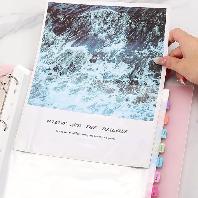 100 Pcs Sheet Protectors 12in*9in Clear Binder Sleeves with 9 Sheets Color Tabs for 2/3/4 Ring Binder(11 Hole)