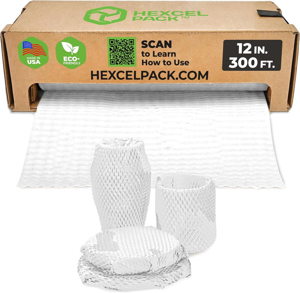 HexcelWrap Mini - Honeycomb Packing Paper, Eco-Friendly, Sustainable Paper Bubble Wrap for Shipping & Moving, Cushioned Packing Material in Dispenser - White, Pallet of 112, 12" x 300'