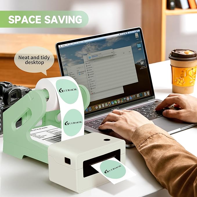 Guermok Thermal Shipping Label Holder for Rolls & Fan-Fold, Fragile Stickers for Shipping, Label Stand Desktop Printer Holder-Home Office Accessory Sticker Dispenser for Holographic (Green)