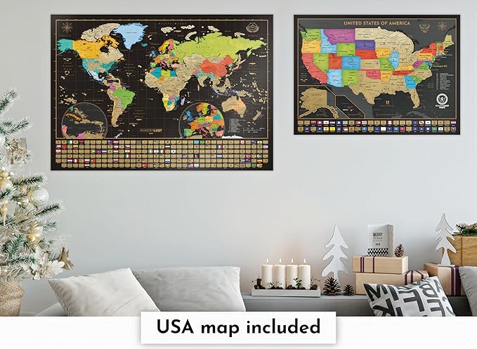 Two Scratch-Off Maps: World Map 17x24" + USA Map - Deluxe Travel Posters - Colorful Countries, US States, and Flags - Easy Scratch-Off Maps with Accessories for Travel Lovers - Name Tag Gift Box