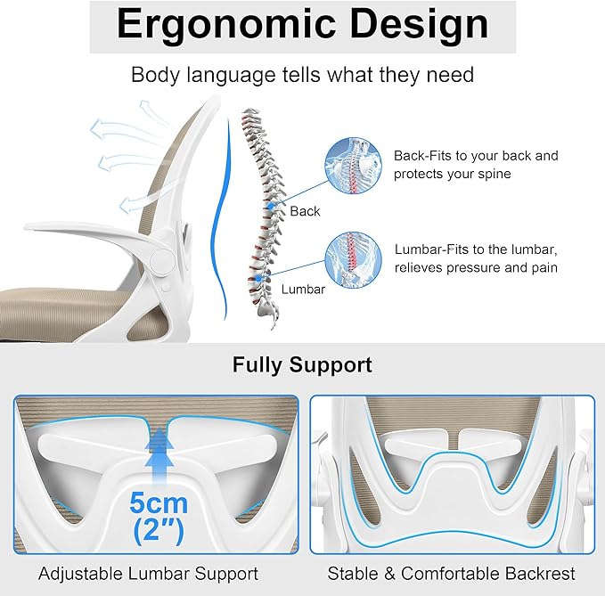 Primy Drafting Chair Tall Office Chair with Flip-up Armrests Executive Ergonomic Computer Standing Desk Chair with Lumbar Support and Adjustable Footrest Ring（Khaki）