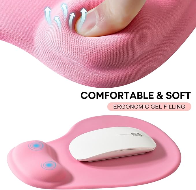 JIKIOU Mouse Pad, 2 Pack Ergonomic Mouse Pads with Comfortable Gel Wrist Rest Support and Lycra Cloth, Non-Slip PU Base for Easy Typing Pain Relief Durable and Easy to Clean Small Pink