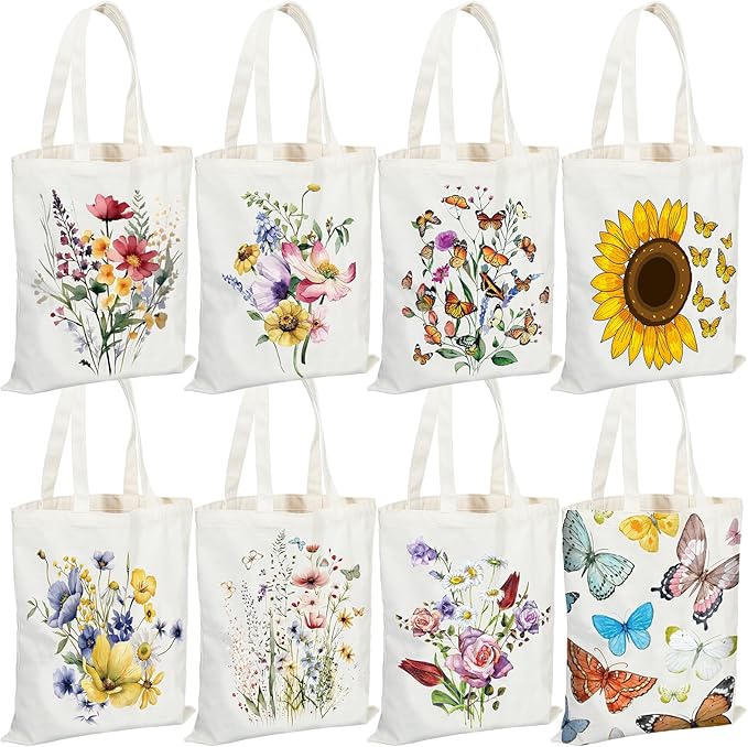 Sweetude 8 Pack Christmas Book Club Gifts Book Lovers Tote Bag Bulk Bookish Canvas bag Librarian Readers Gifts for Women(Butterfly)