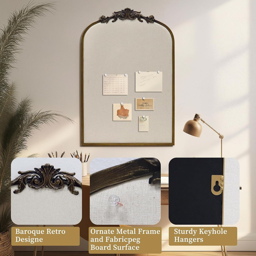 Arch Fabric Pinboard, Antique Gold Bulletin Boards 24"x36", Vintage Cork Board with Ornate Iron Frame for Wall Unique Display, Organization and Decor Options