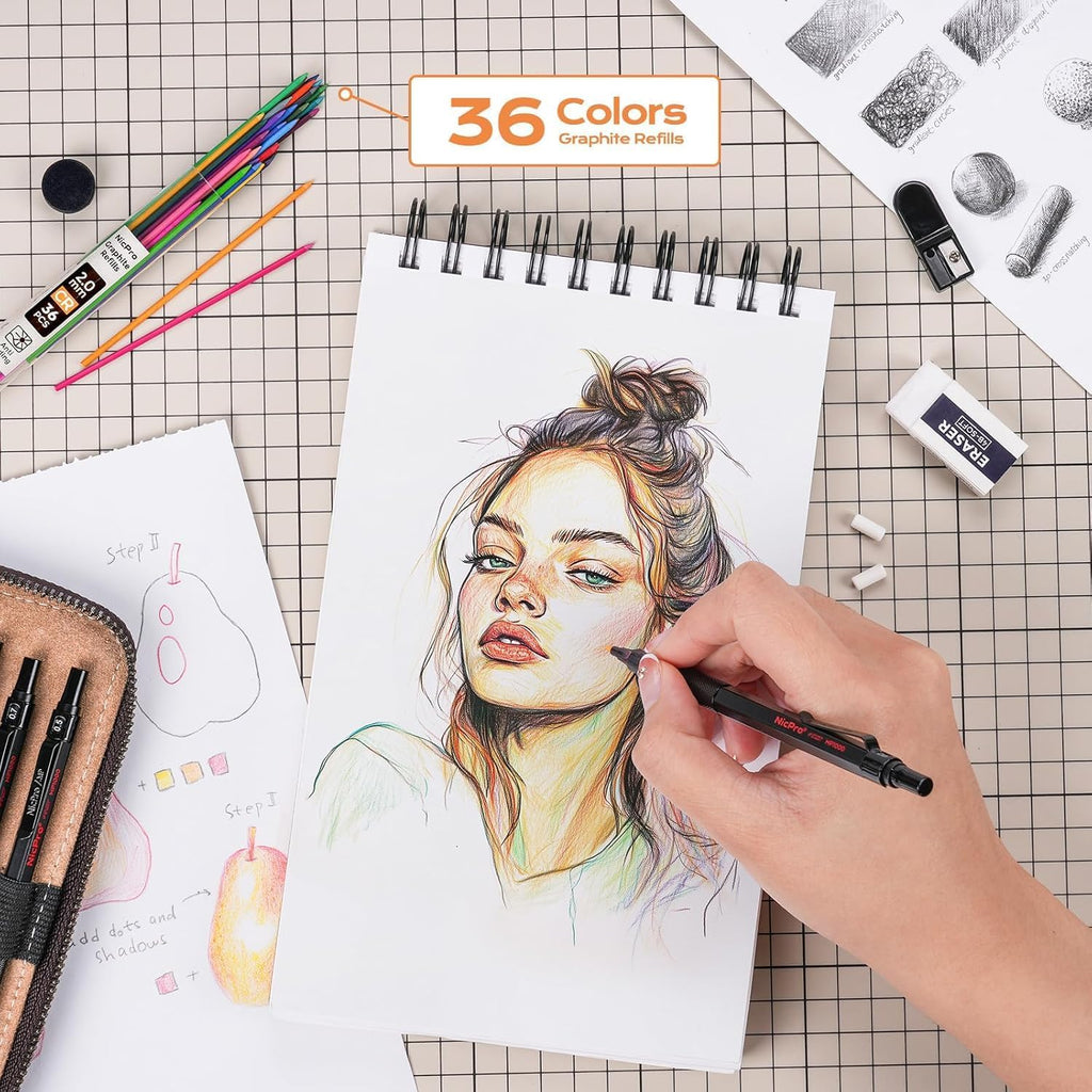 Nicpro 33PCS Black Metal Mechanical Pencil Set in Leather Case, Art Drafting Pencil 0.3, 0.5, 0.7, 0.9 mm, 2mm Lead Holders for Sketching Drawing with 18 Tube (6B 4B 2B HB 2H 4H Colors) Lead Refills