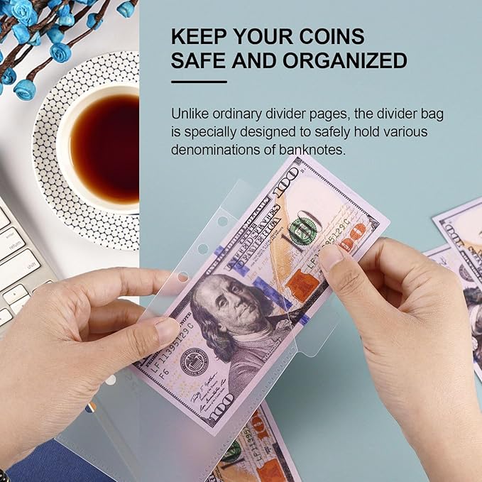 A6 Binder Pockets with No Zipper, Koqye Blue 10 Pcs Plastic Zipless Budget Envelopes, Two Pockets Frosted Cash Envelopes Money Bag for Budgeting, Cash Stuffing (Clear with tabs)