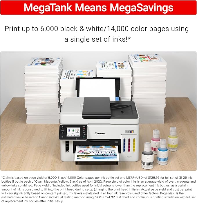 Canon Megatank GX6120 Wireless All-in-One Printer, Print, Scan and Copy, with 2.7" LCD Touch Screen and Auto Document Feeder, White