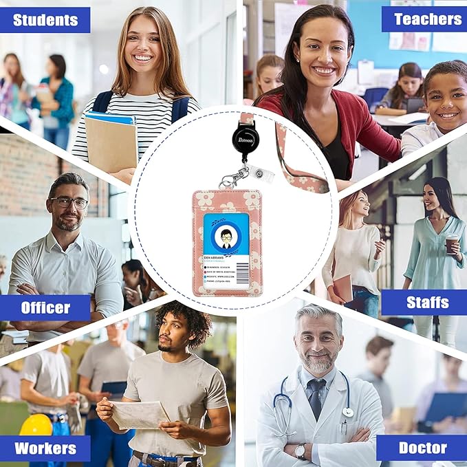 bolimoss Cute Leather Badge Holder and Adjustable Retractable Lanyards, Quick Release Buckle and Safety Breakaway Lanyards with Swivel Metal Clasp for Offices, Teacher, Student (Pink Groovy Flowers)