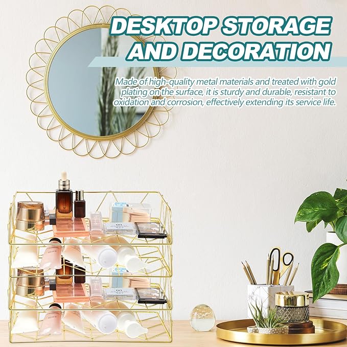 Yeaqee 4 Tier Stackable Paper Tray Gold Desk Organizer Rack Metal Letter Desk File Organizer Horizontal Holder File Trays for Desk Office Desktop Supplies and Accessories