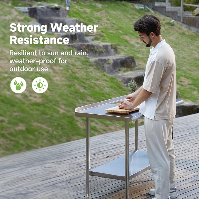 Real Relax Stainless Steel Table with Backsplash, NSF Commercial Heavy Duty Stainless Steel Table for Prep with Adjustable Undershelf, for Indoor & Outdoor- 24" D x 36" W x 34" H