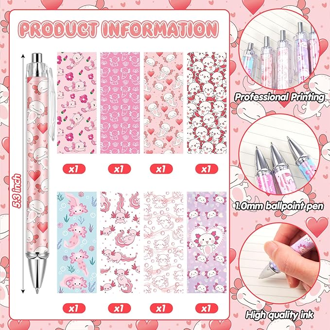 Ireer 8 Pcs Ballpoint Pens for Women 1.00 mm Cute Black Ink Fancy Pens Fine Point Smooth Writing for Journaling Aesthetic Office Supplies(Axolotl)