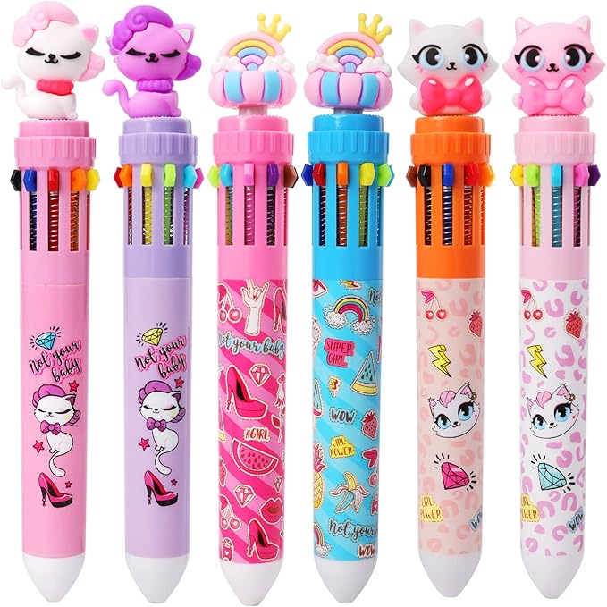 Multicolor Ballpoint Pen 0.7 mm, 10-in-1 Colored Pens Fine Point Retractable Cute Cartoon Cat Ballpoint Pens for Office School Students Kids Christmas Gift, 6 Pack