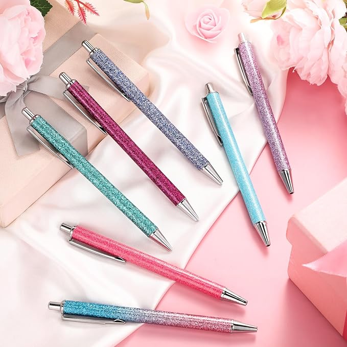 Sherr 7 Pcs Fancy Pens for Women Cute Sparkly Glitter Pens with 10 Pcs Black Ink Refills Pretty Gifts for Girls Office School Christmas Graduation(Pastel,Glitter)