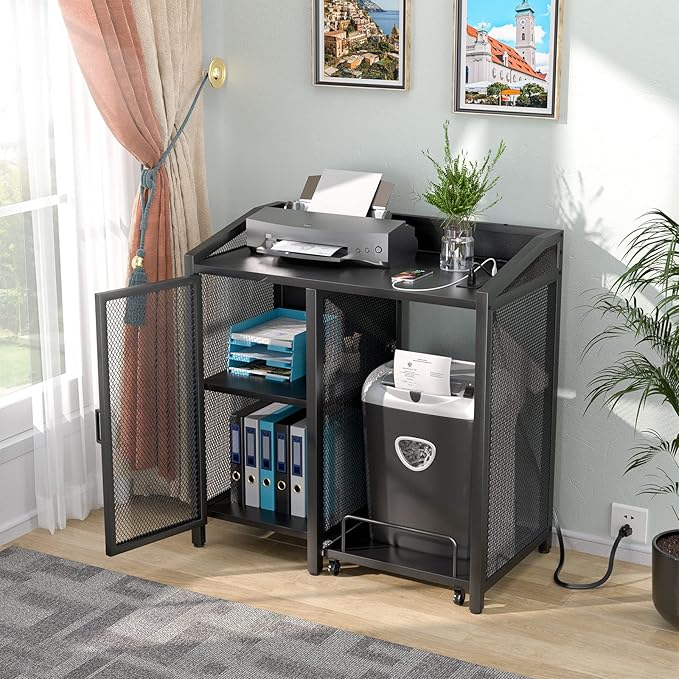 Unikito File Cabinet with Paper Shredder Stand On Wheel, Modern Vertical Filing Cabinet with Socket and USB Charging Port, Large Printer Stand with Adjustable Storage Shelf Rack for Home Office, Black