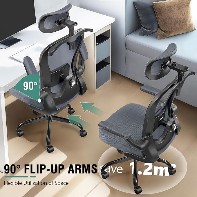 Office Chair, Ergonomic Office Chair with 3D Lumbar Support 3D Headrest, Comfy High Back Home Desk Chairs, Breathable Mesh Computer Chairs with Flip-Up Armrests & Hanger(Dark Gray)