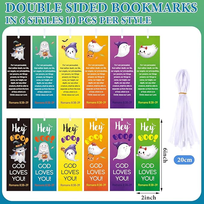 60 Pcs Halloween Bookmark Hey Boo God Loves You Bookmark Romans 8: 38-39 Ghost Christian Bookmarks VBS Exchange Gifts for Kids Adult Church School Classroom Prizes Party Favors