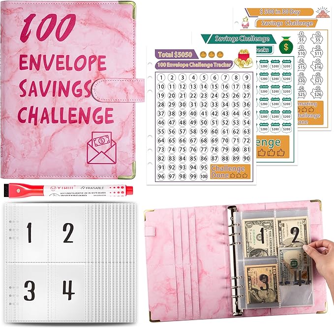 100 Envelopes Challenge Binder Savings Challenges Book, A5 Money Saving Planner Cash Envelope Budget Binder with Erasable Pen, Easy and Fun Way to Save $5,050, 10,000 and $500 (Marble Pink)