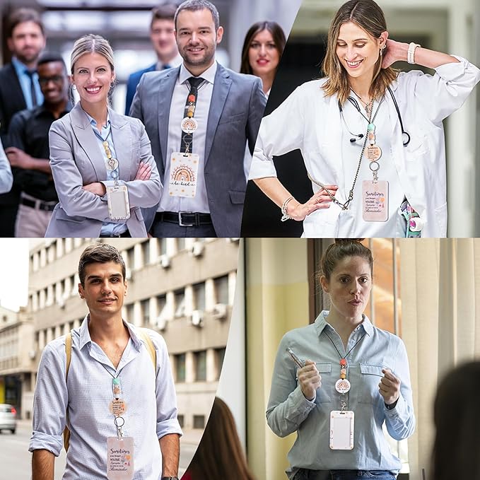 Teacher Lanyard with ID Holder, Boho Rainbow Sun Print Be Kind Cute Badge Holder with Beaded Adjustable Lanyard, Gifts for Teachers Students