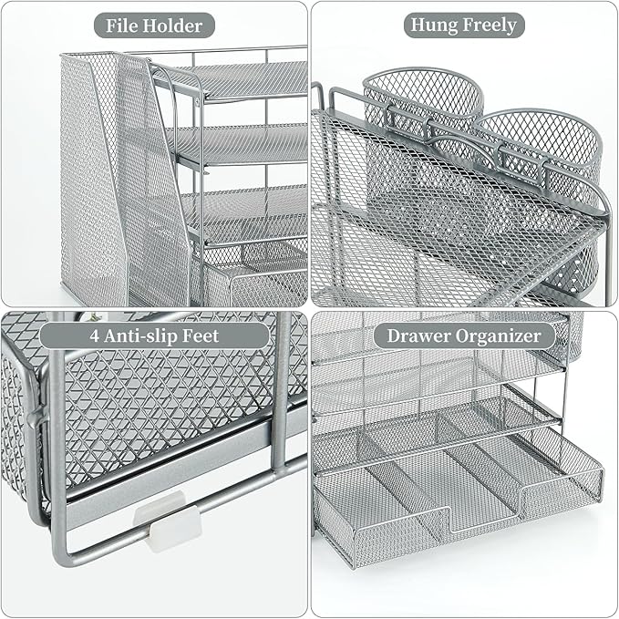 gianotter Paper Organizer with File Holder for Desk, 4 Tier Letter Tray Office Desk Organizers and Accessories - Workspace Drawer 2 Pen Supplies (Grey), Gray, 4T-2