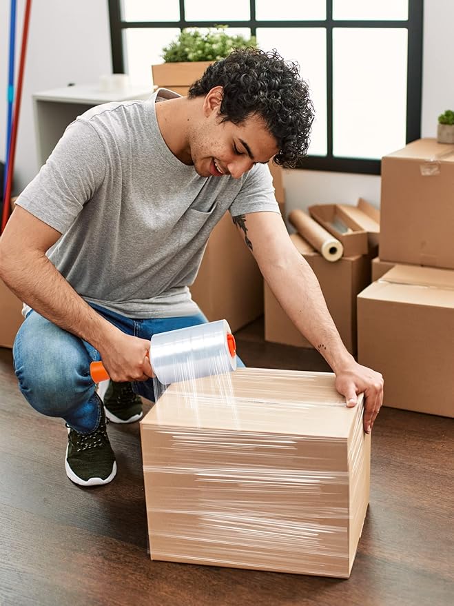 JARLINK 4 Pack Plastic Film Roll with Plastic Handles, 60 Gauge Thick, 5" x 1000ft Plastic Pallet Film, Industrial Strength Stretch up to 500% Stretch for Moving, Packing, Wrapping, and Shipping